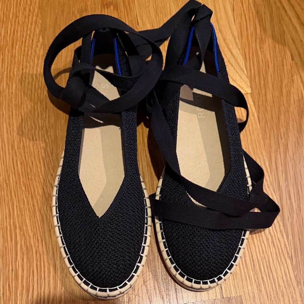 Rothy's Black Lace-Up Espadrilles with Natural Jute Trim